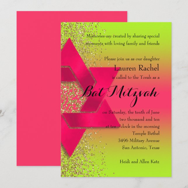 Bat Mitzvah Pink Green Ombre Faux Gold Glitter Invitation (Front/Back)