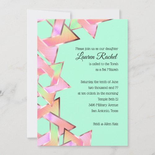 Bat Mitzvah Pink Green Peach Star of David Invitation