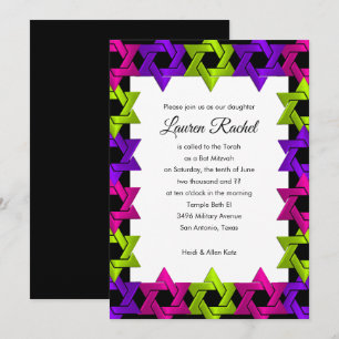 Bat Mitzvah Pink Green Purple Star on Any Color Invitation