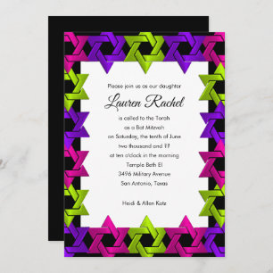 Bat Mitzvah Pink Green Purple Star on Any Color Invitation