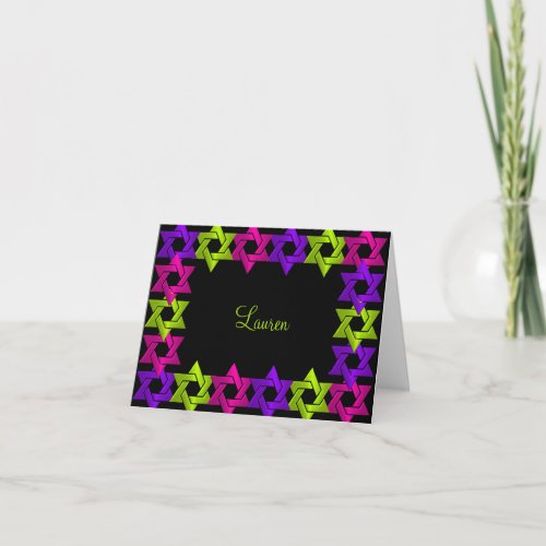 Bat Mitzvah Pink Green Purple Star on Any Color Thank You Card