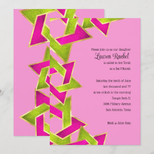 Bat Mitzvah Pink Green Star of David Invitat Invitation