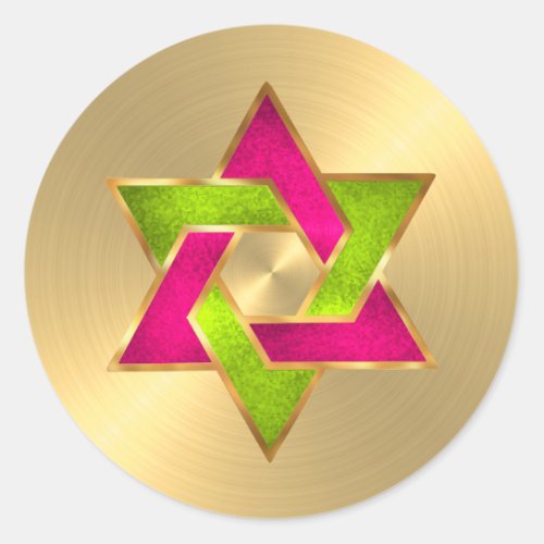 Bat Mitzvah Pink Lime Star of David Gold Classic Round Sticker