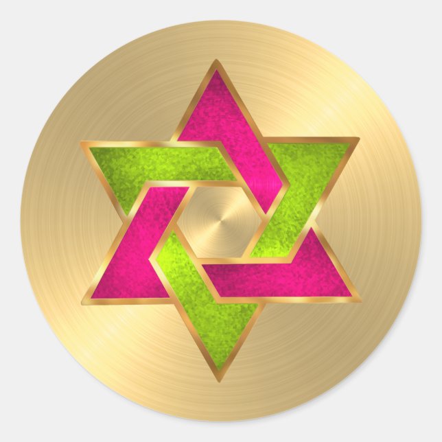 Bat Mitzvah Pink Lime Star of David Gold Classic Round Sticker (Front)