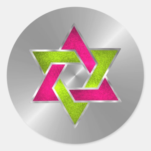 Bat Mitzvah Pink Lime Star of David Silver Classic Round Sticker