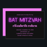 Bat Mitzvah Pink Neon Lights QR Code Save The Date Invitation<br><div class="desc">Cool modern bat mitzvah save the date announcement with "bat mitzvah" in hot pink glowing neon lights against a black background. On the back,  input a website address to create a QR code and personalize the QR code scan instructions.</div>