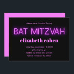 Bat Mitzvah Pink Neon Lights QR Code Save The Date Invitation<br><div class="desc">Cool modern bat mitzvah save the date announcement with "bat mitzvah" in hot pink glowing neon lights against a black background. On the back,  input a website address to create a QR code and personalize the QR code scan instructions.</div>