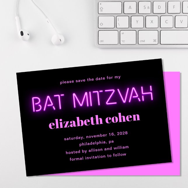 Bat Mitzvah Pink Neon Lights Save The Date Invitation (Creator Uploaded)