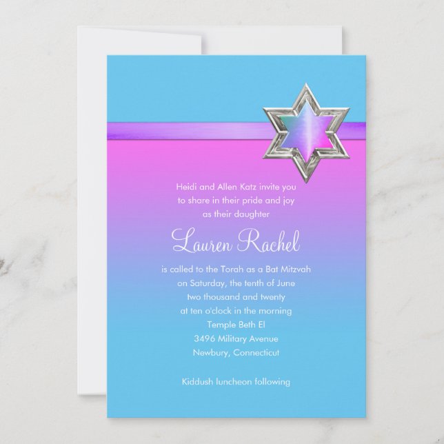 Bat Mitzvah Pink Ombre Ribbon and Star Invitation (Front)