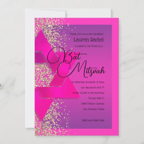 Bat Mitzvah Pink Purple Ombre Gold Glitter  Invitation
