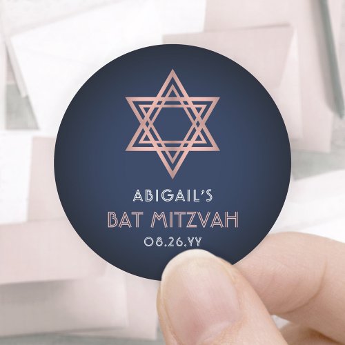 Bat Mitzvah Pink Rose Gold Navy Blue Star of David Classic Round Sticker