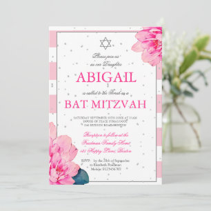 Bat Mitzvah Pink Roses Hebrew Silver Invitation