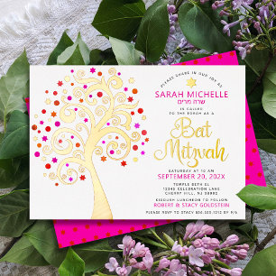 Bat Mitzvah Pink Tree of Life Script Real Gold Foil Invitation