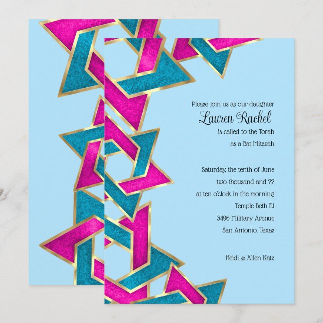 Bat Mitzvah Pink Turquoise Star of David Invitation (Front/Back)