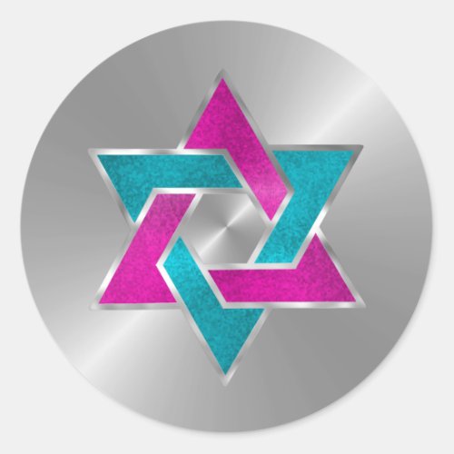 Bat Mitzvah Pink Turquoise Star of David Silver Classic Round Sticker