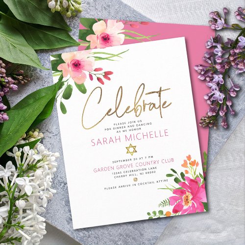 Bat Mitzvah Pink Watercolor Floral Gold Script Enclosure Card