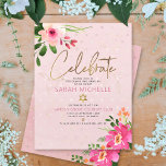 Bat Mitzvah Pink Watercolor Floral Modern Script Enclosure Card<br><div class="desc">Be proud, rejoice and showcase this milestone of your favorite Bat Mitzvah! Include this modern, sparkly, personalized insert for additional information to your event. A stunning, pink and peach floral watercolor with faux gold foil script typography and modern dusty rose and gray sans serif type overlay a soft pink &...</div>