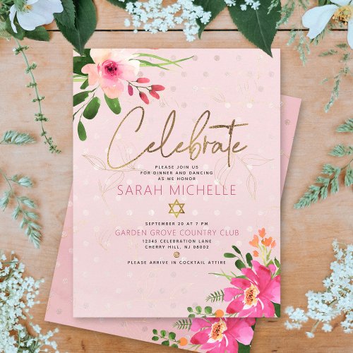 Bat Mitzvah Pink Watercolor Floral Modern Script Enclosure Card