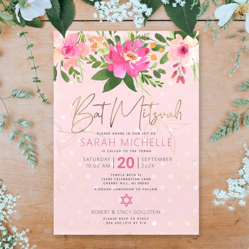 Bat Mitzvah Pink Watercolor Floral Modern Script Invitation