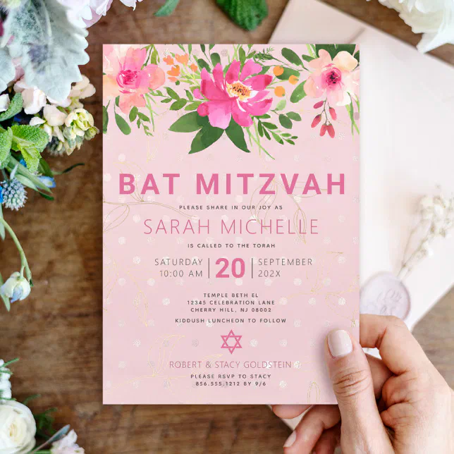 Bat Mitzvah Pink Watercolor Floral Modern Simple Invitation | Zazzle