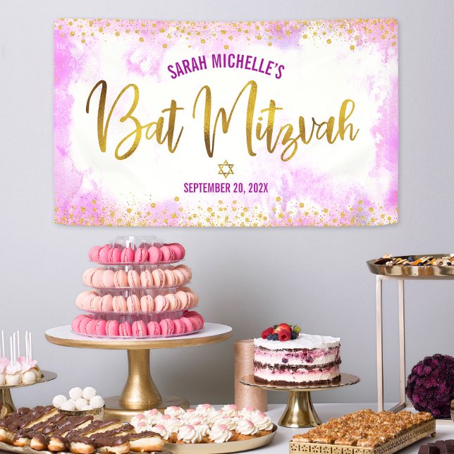 Bat Mitzvah pink watercolor girly gold foil script Banner (Creator Uploaded)