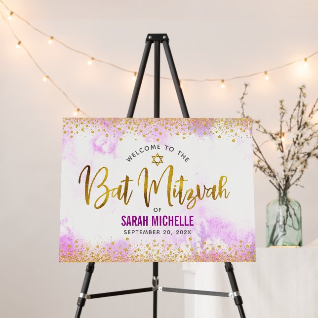 Bat Mitzvah Pink Watercolor Gold Foil Welcome Foam Board (In Situ (Stand))