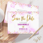Bat Mitzvah Pink Watercolor Gold Script Chic Girly Save The Date<br><div class="desc">Make sure all your friends and relatives will be able to celebrate your daughter’s milestone Bat Mitzvah! Send out this stunning, modern, sparkly gold faux foil and glitter dots and typography script against a soft pink watercolor background, personalized “Save the Date” announcement card. Your custom message and additional gold dots...</div>