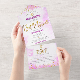 Bat Mitzvah Pink Watercolor Gold Script Chic Party All In One Invitation