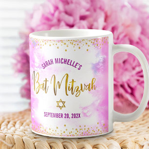 Bat Mitzvah Pink Watercolor Gold Script Confetti Coffee Mug