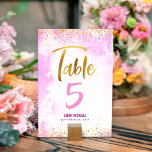 Bat Mitzvah Pink Watercolor Gold Script Glitter Table Number<br><div class="desc">No Bat Mitzvah party is complete without personalized table number cards. Let your favorite Bat Mitzvah be proud, rejoice and celebrate her milestone at her perfectly coordinated party. Stunning, modern, sparkly gold faux foil handwritten script and tiny dots overlay a light pink watercolor background. Personalize the custom text with the...</div>