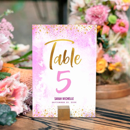 Bat Mitzvah Pink Watercolor Gold Script Glitter Table Number