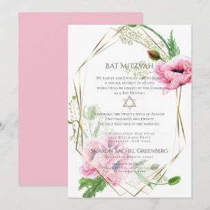 BAT MITZVAH   Pink Watercolor Poppies Verse 1 Invitation