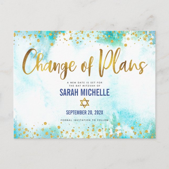 Bat Mitzvah Postponed Gold Glitter Blue Watercolor Invitation Postcard (Front)