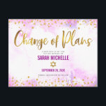 Bat Mitzvah Postponed Gold Glitter Pink Watercolor Invitation Postcard<br><div class="desc">Make sure all your friends and relatives will still be able to celebrate your daughter’s milestone Bat Mitzvah, regardless of current global unforeseen circumstances. Send out this stunning, modern, sparkly gold faux foil and glitter dots and typography script against soft pink watercolor background, personalized “Change of Plans” announcement postcard. Personalize...</div>