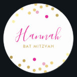 BAT MITZVAH pretty glam confetti spot gold pink Classic Round Sticker<br><div class="desc">by kat massard >>> https://linktr.ee/simplysweetpaperie <<< *** NOTE - THE SHINY GOLD FOIL EFFECT IS A PRINTED PICTURE *** - - - - - - - - - - - CONTACT ME for custom "faux gold foil effect type" Love the design, but would like to see some changes - another...</div>