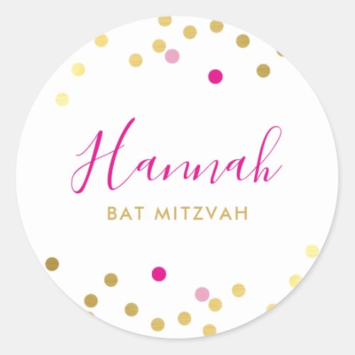 BAT MITZVAH pretty glam confetti spot gold pink Classic Round Sticker