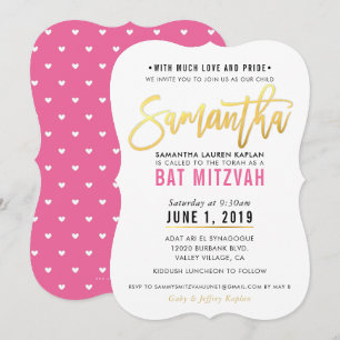 BAT MITZVAH pretty pink gold script SAMANTHA Invitation