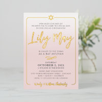 BAT MITZVAH pretty script pale pink ombre gold