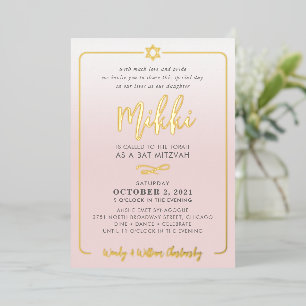 BAT MITZVAH pretty script pale pink ombre gold Foil Invitation