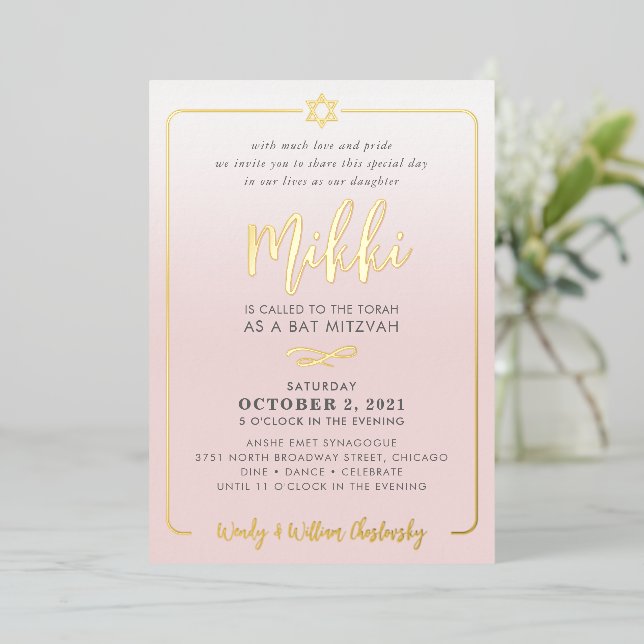 BAT MITZVAH pretty script pale pink ombre gold Foil Invitation (Standing Front)