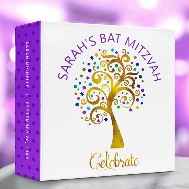 Bat Mitzvah Purple and Gold Tree of Life Keepsake 3 Ring Binder (Creator Uploaded)