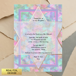 Bat Mitzvah Purple and Pink Star of David Pattern Foil Invitation