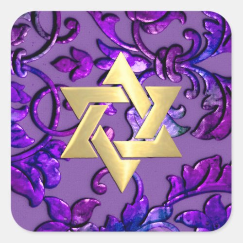 Bat Mitzvah Purple Damask with Any Color Square Sticker