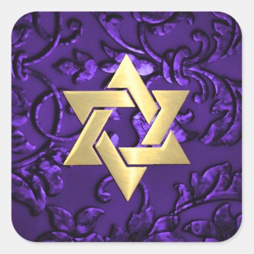 Bat Mitzvah Purple Damask with Gold Square Sticker