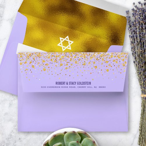 Bat Mitzvah Purple Gold Foil  Dots Return Address Envelope