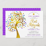 Bat Mitzvah Purple Gold Foil Modern Tree of Life Invitation<br><div class="desc">Be proud, rejoice and showcase this milestone of your favorite Bat Mitzvah! This graphic faux gold foil tree with sparkly turquoise, teal, purple and blue Star of David and dot “leaves” on a white background is the perfect invitation for this special occasion. A tiny, dark purple Star of David pattern...</div>