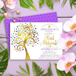 Bat Mitzvah Purple Gold Foil Script Tree of Life Invitation<br><div class="desc">Be proud, rejoice and showcase this milestone of your favorite Bat Mitzvah! This graphic faux gold foil tree with sparkly turquoise, teal, purple and blue Star of David and dot “leaves” on a white background is the perfect invitation for this special occasion. A tiny, dark purple Star of David pattern...</div>