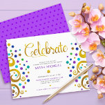 Bat Mitzvah Purple Gold Foil Tree of Life Modern Enclosure Card<br><div class="desc">Be proud, rejoice and showcase this milestone of your favorite Bat Mitzvah! This abstract, graphic faux gold foil tree with sparkly turquoise, teal, purple and blue Star of David and dot “leaves” on a white background, is the perfect personalized party info insert for this special occasion. A tiny, dark purple...</div>