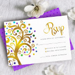 Bat Mitzvah Purple Gold Foil Tree of Life Modern RSVP Card<br><div class="desc">Be proud, rejoice and showcase this milestone of your favorite Bat Mitzvah! Include this graphic faux gold foil tree with sparkly turquoise, teal, purple and blue Star of David and dot “leaves” on a white background, personalized RSVP insert card for your event. A tiny, dark purple Star of David pattern...</div>