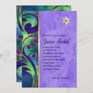 Bat Mitzvah Purple Green Watercolor Gold Accents Invitation